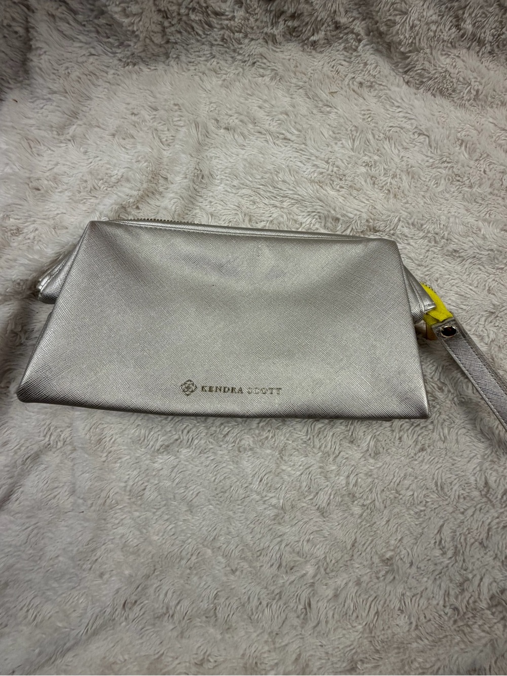 Kendra Scott Metallic Silver Cosmetic Wristlet with Yellow Tab Accent